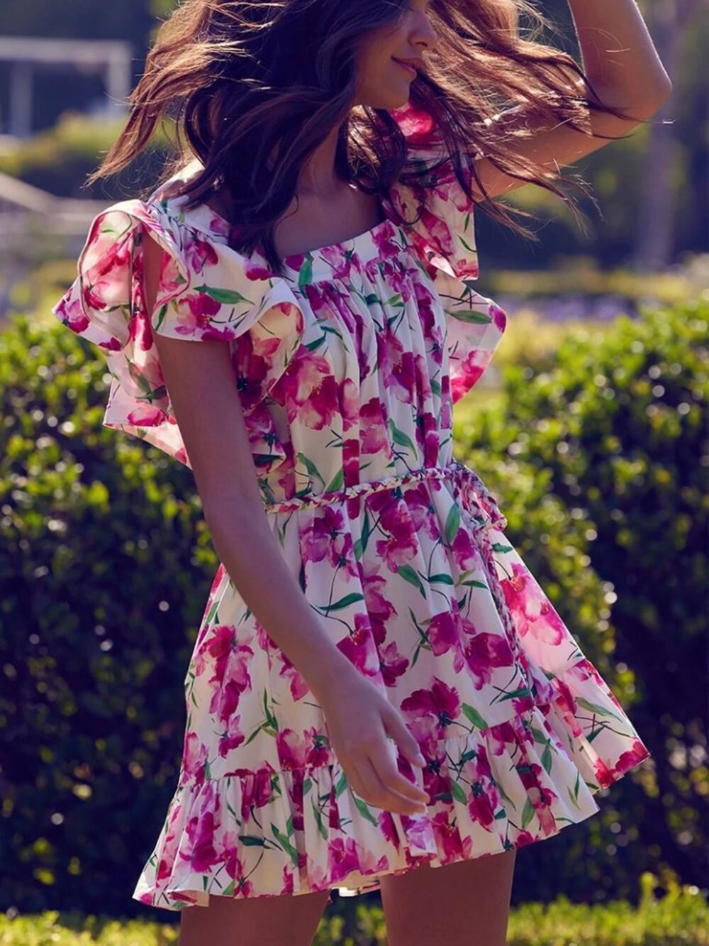 MISA Los Angeles Selma Mini Dress XS White Fuchsia Floral Ruffle Cotton NWT